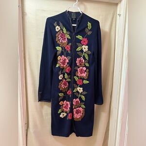 Due Per Due Embroidered Longline Cardigan Floral Velvet Trim M Embroidered